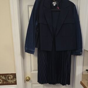 Future Collective 2 Piece Navy Pleated Skirt and Jacket with Denim Sleeves